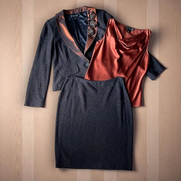 St. John Knit Skirt Suit Set Metallic Black Copper 3 Pc Blazer Skirt Silk Top 14 - Picture 1 of 16